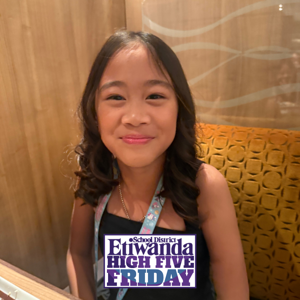 Text: High Five Friday - Etiwanda logo Image: Smiling girl wearing a black shirt