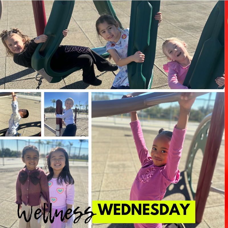 Text: wellness Wednesday Images: student playing on the playground