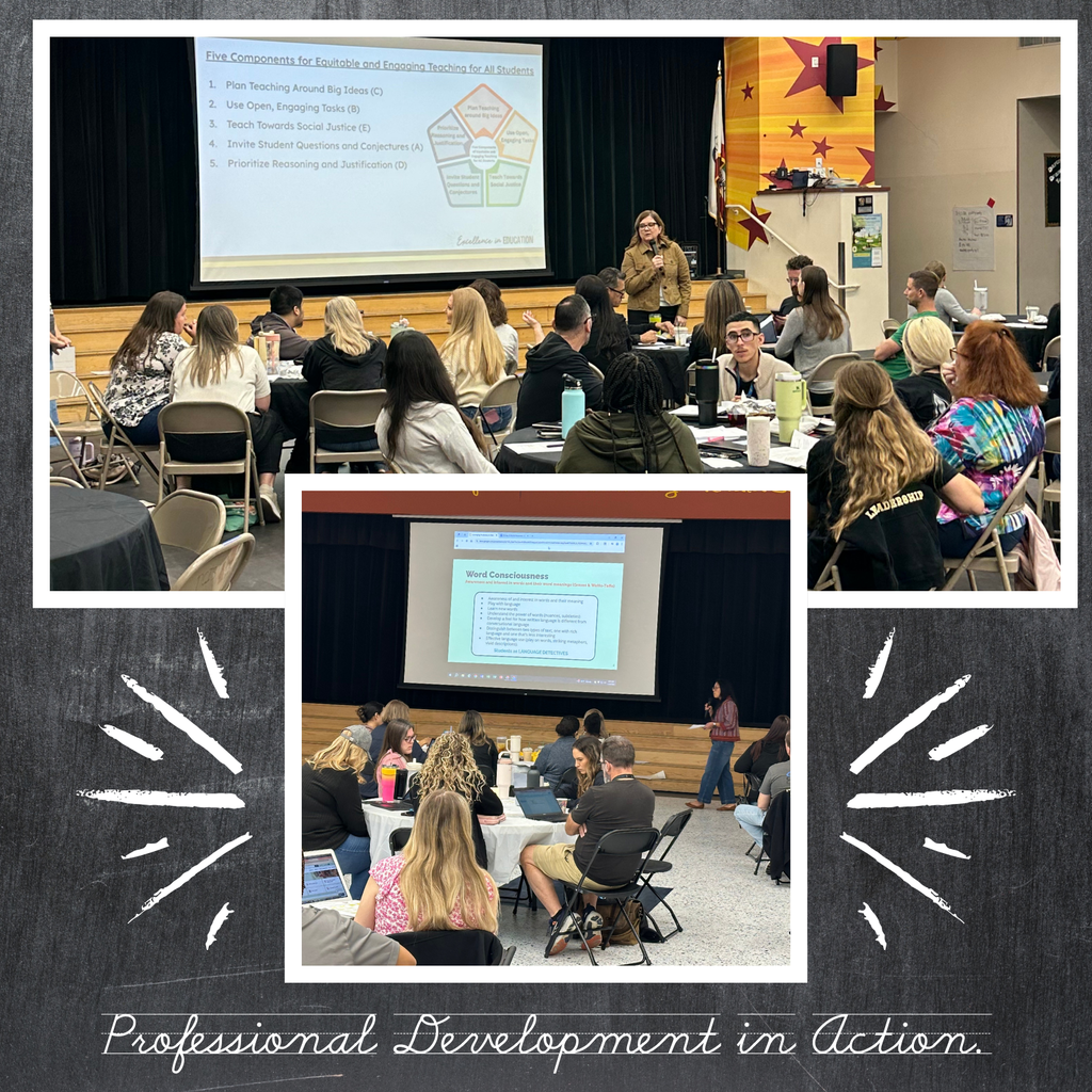 Text: Professional Development in Action Images: teachers sitting at tables learning