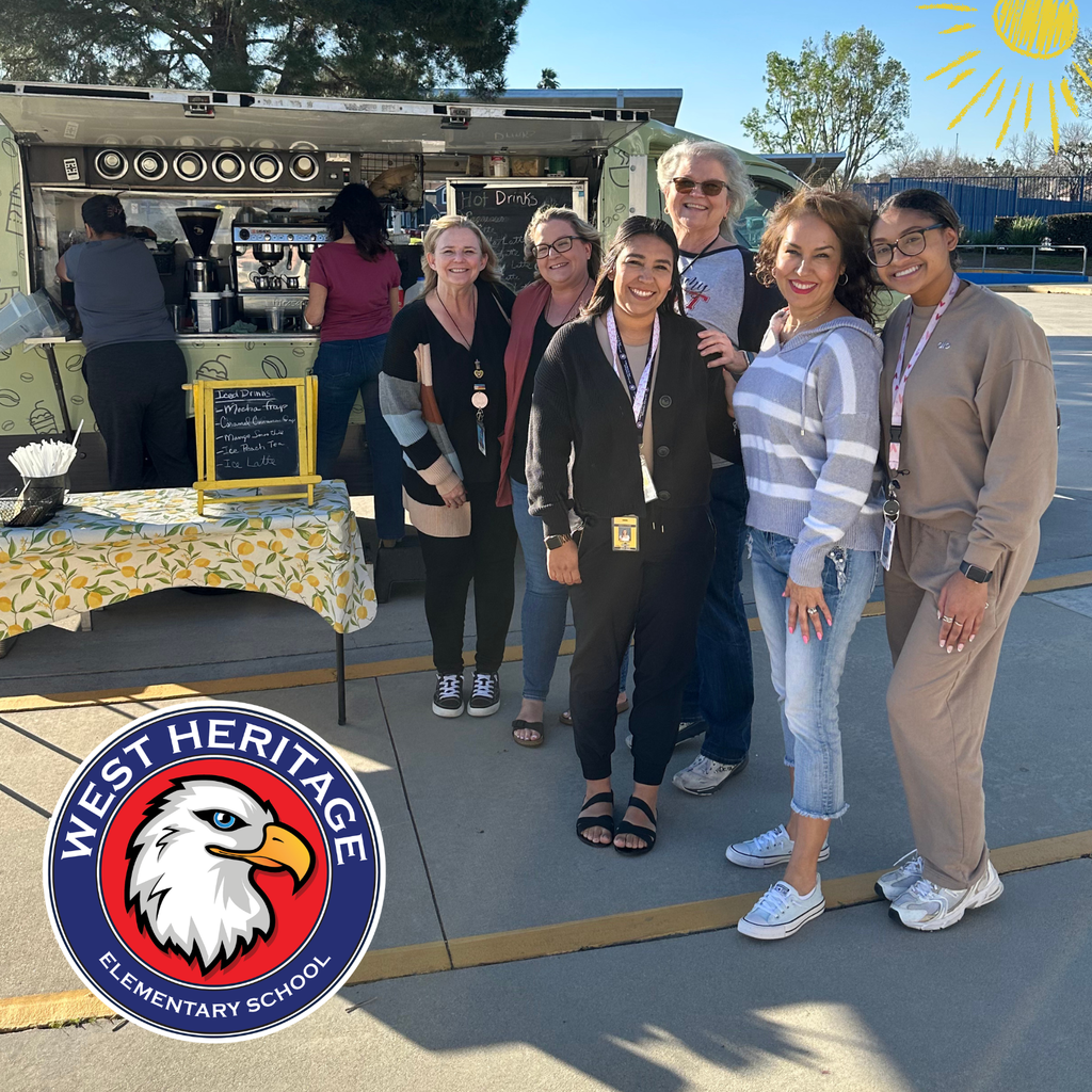 No text: West Heritage Logo, smiling students and coffee cart