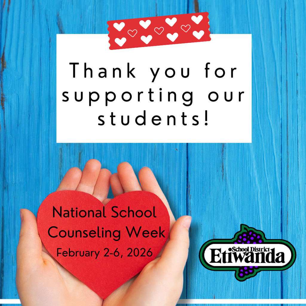 Text: Thank you for supporting our students. National School Counseling Week Image: hand holding a heart.