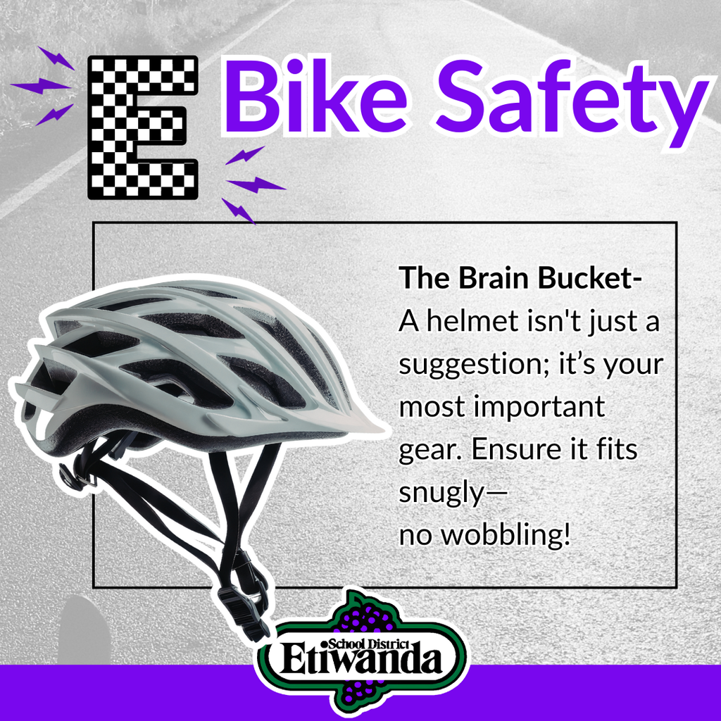 Text: E Bike Safety, Rules for the Road, Alwawys wear a helmet, follow all traffic laws and signals, stay alert around cars, busses and crosswalks, walk their bike or scooter on campus