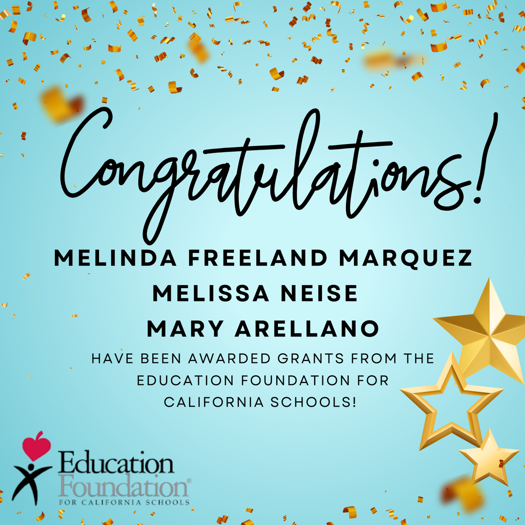Text: We are excited to celebrate three outstanding teachers from the Etiwanda School District who received grants from the Education Foundation for California Schools. These grants support innovative learning experiences for our students.  Congratulations to:  Melinda Freeland Marquez, Falcon Ridge Elementary, for “Preschool Letters and Phonics Readiness Program.”  Melissa Neise, Falcon Ridge Elementary, for “Building Family Literacy Connections: Take-Home Reading Kits for Preschool and Early Learners.”  Mary Arellano, Day Creek Intermediate School, for “Enhancing Co-Teaching Through Interactive Learning Tools.”  We are proud of their commitment to helping students learn and grow.