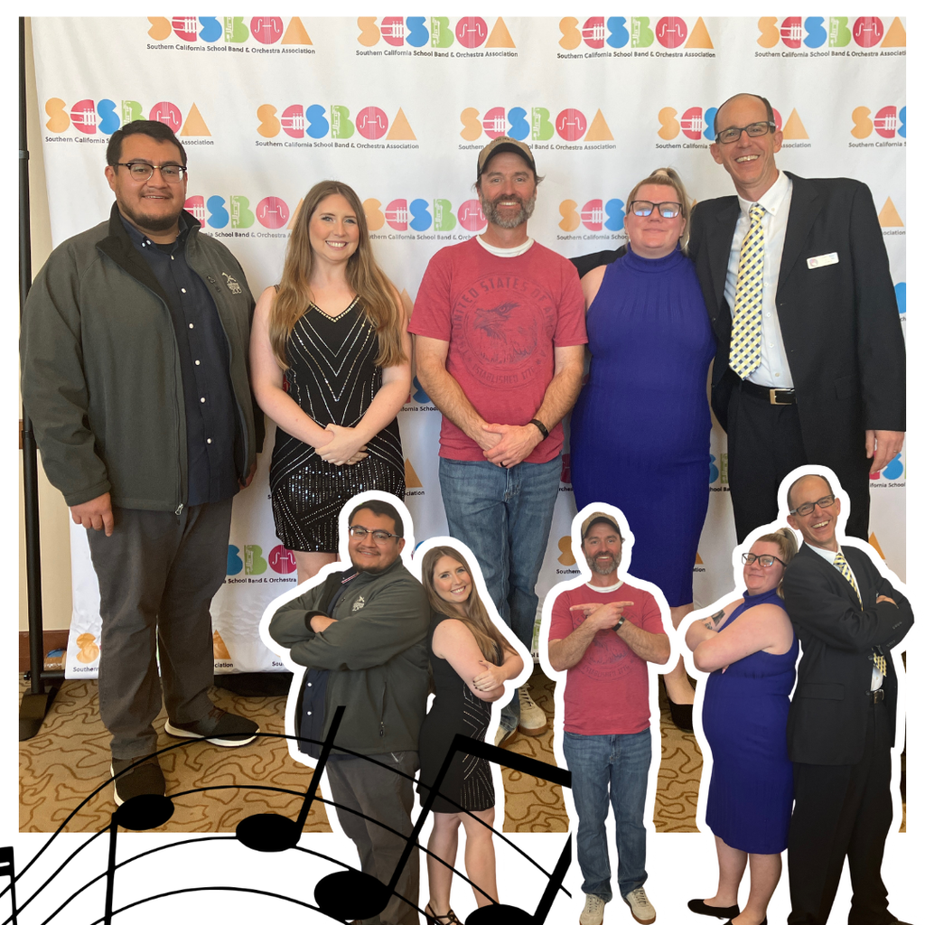 no text Image: 5 adults posing in front of a step and repeat