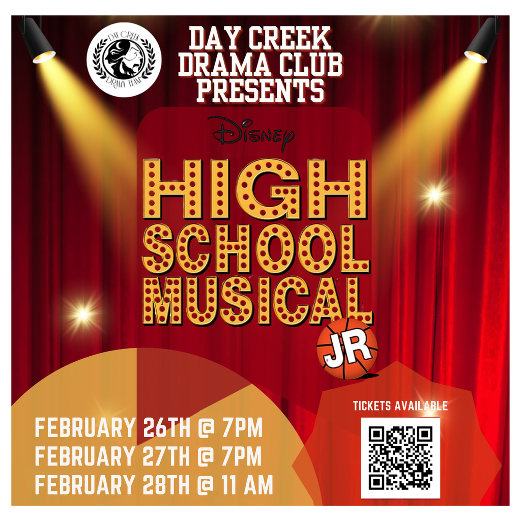 Text: High School Musical February 26, 27, and 28. Scan QR Code for Tickets Image: a red curtain