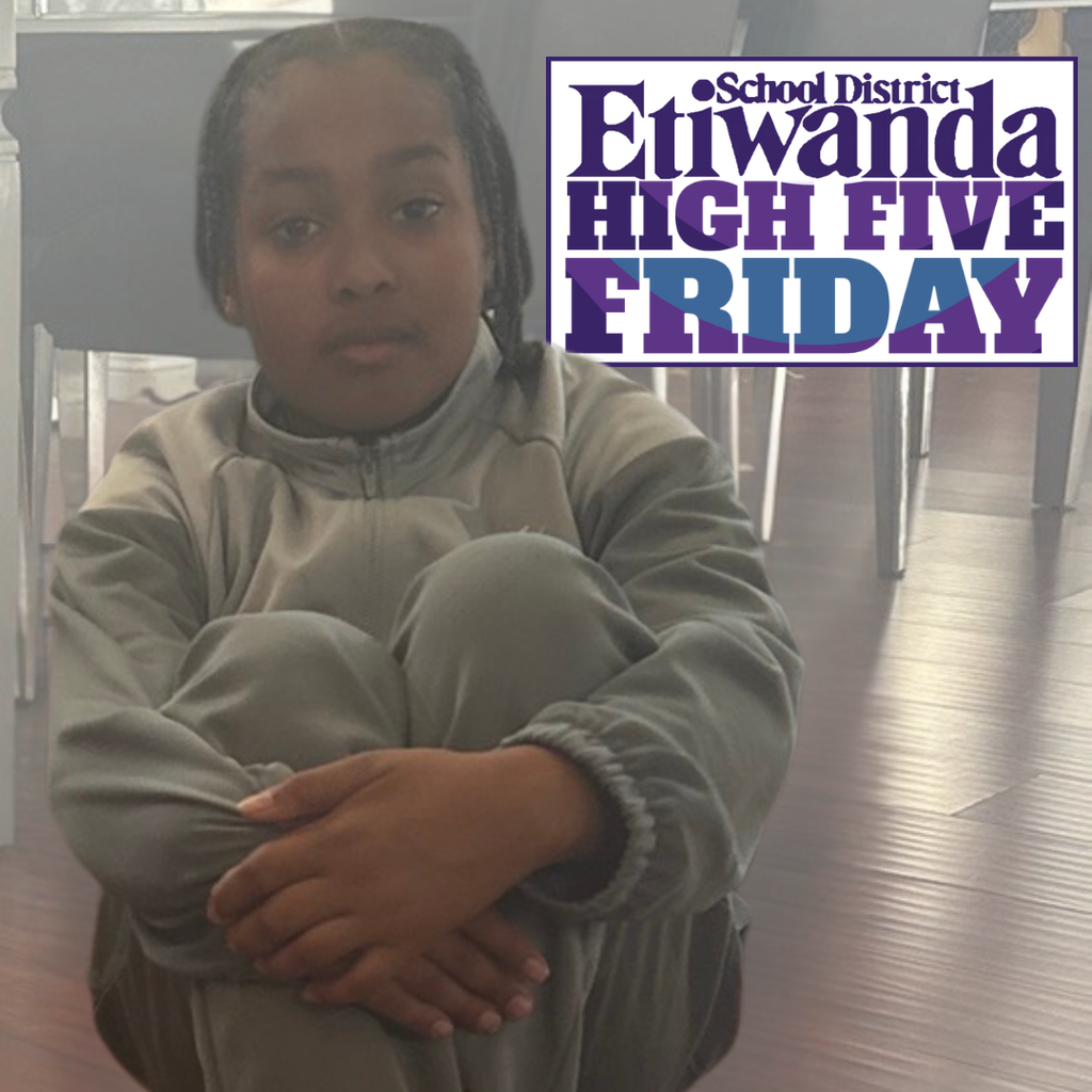 Text: High Five Friday - Etiwanda logo Image: student in gray sitting on the floor