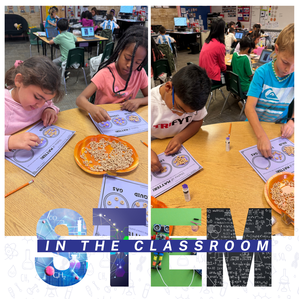 Text: STEM in the classroom Image of students using cherrios to learn about science
