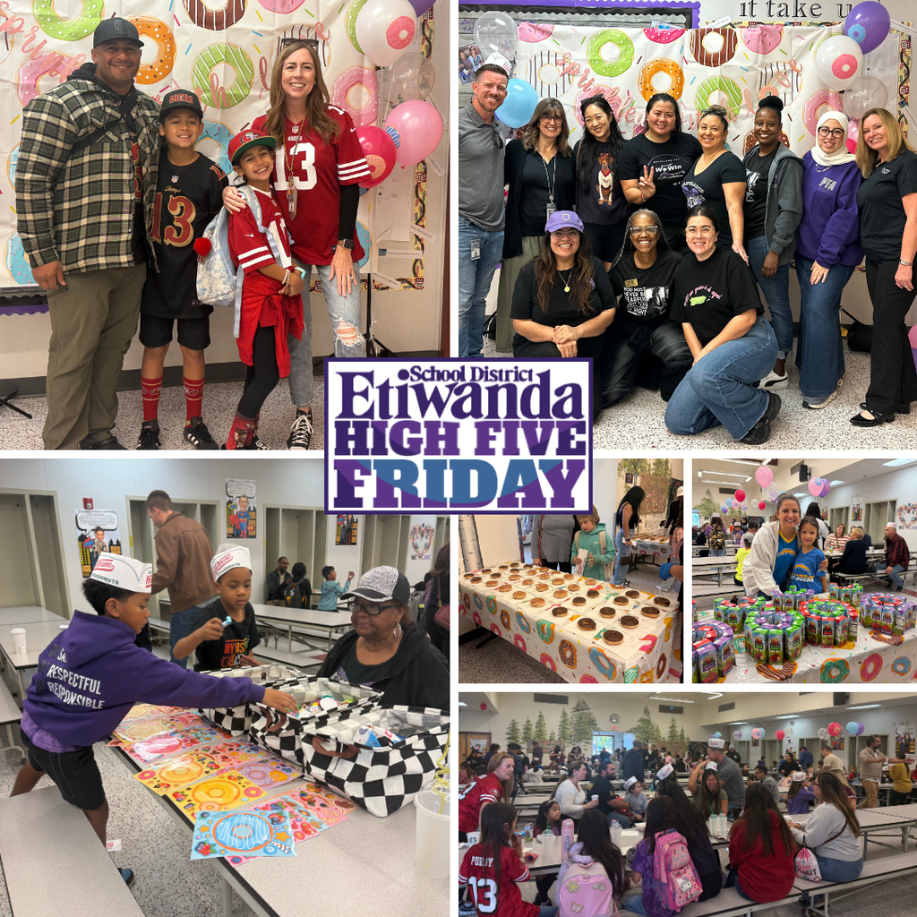 Text: High Five Friday - Etiwanda logo Image: smiling students and adults in the cafeteria. 