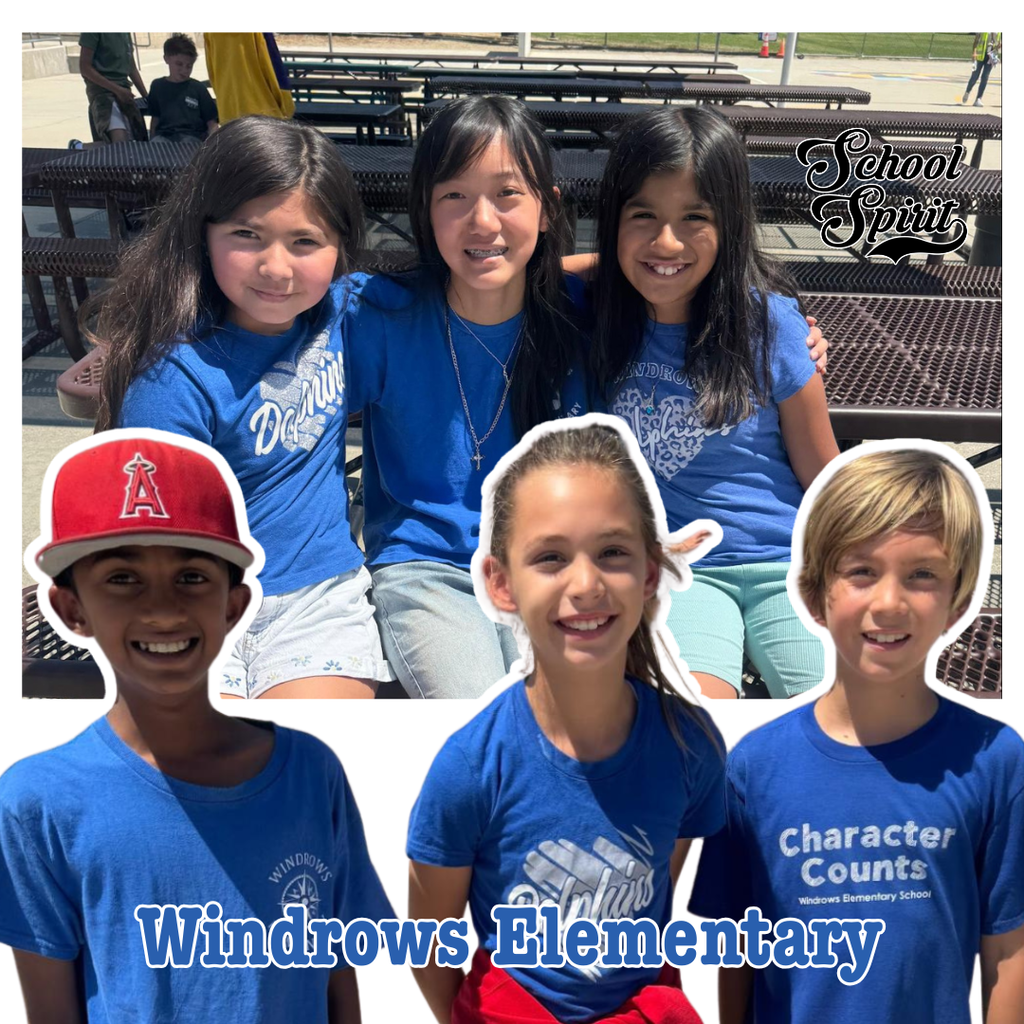 Text: Windrows Elementary, School Spirit Image: six smiling students wearing blue
