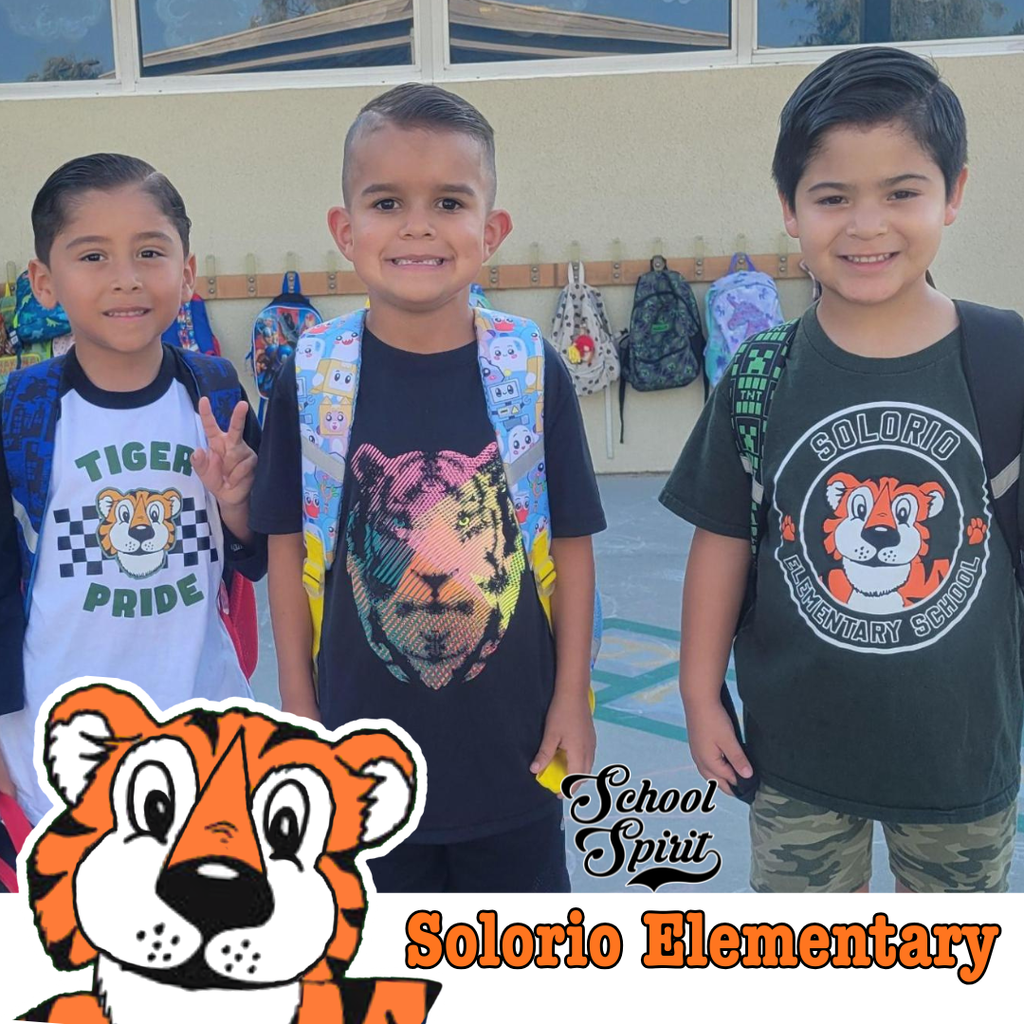 Text: Solorio Elementary, School Spirit Image: three smiling students and a tiger
