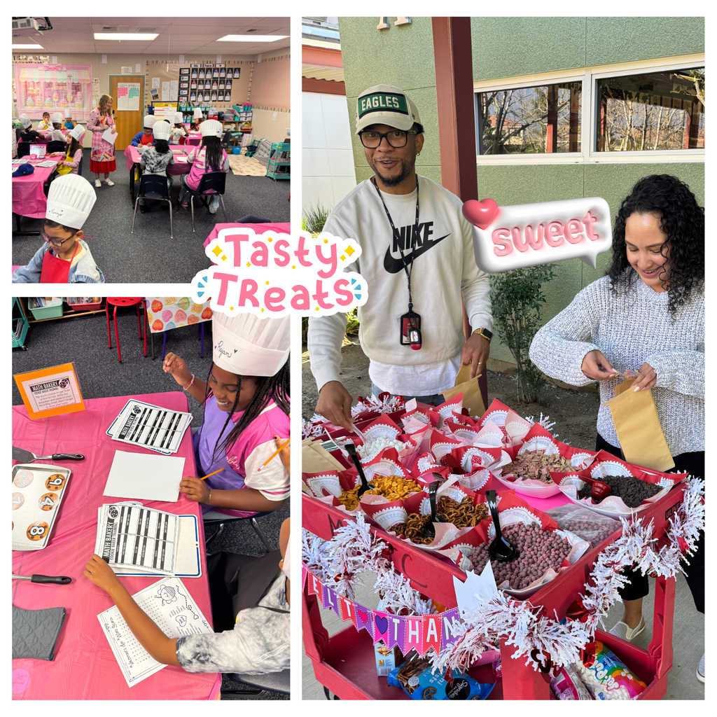Text: Tasty treets, sweet Image: students wearing chef hats and adults gettting snacks