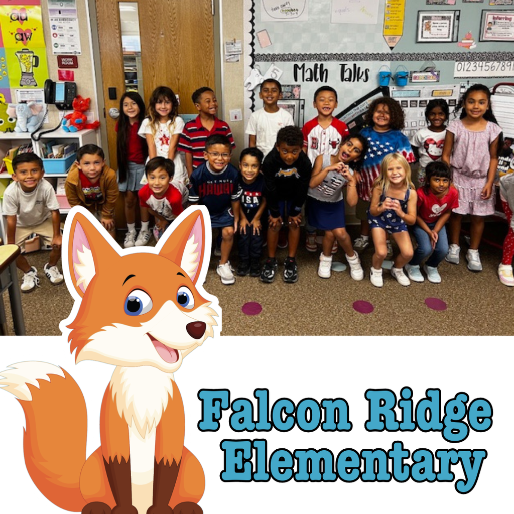 Text: Falcon Ridge Elementary Image: fox and smiling students in a class