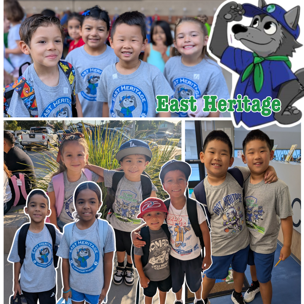 Text: East Heritage Images: smiling students wearing East Heritage shirts