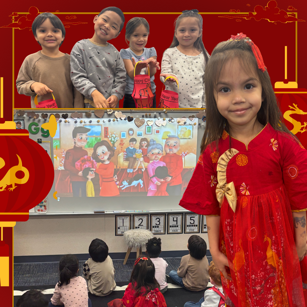 No text Images: smiling students holding lanterns watching a movie