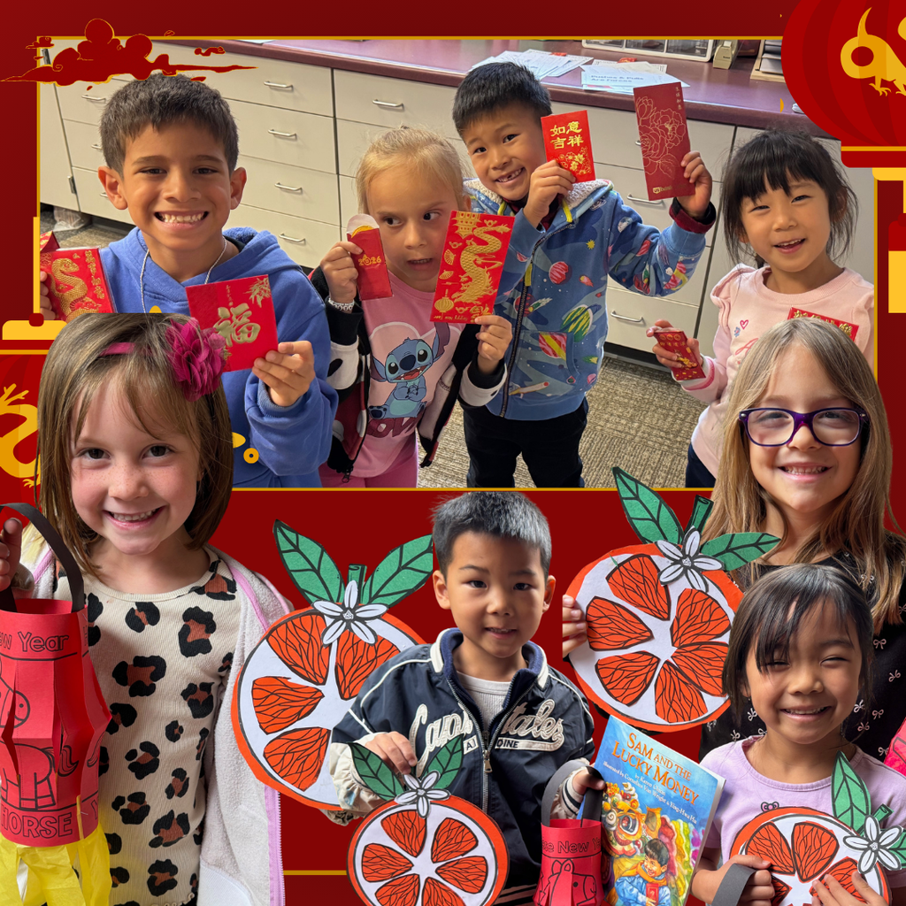 No text: smiling students holding lanterns and oranges