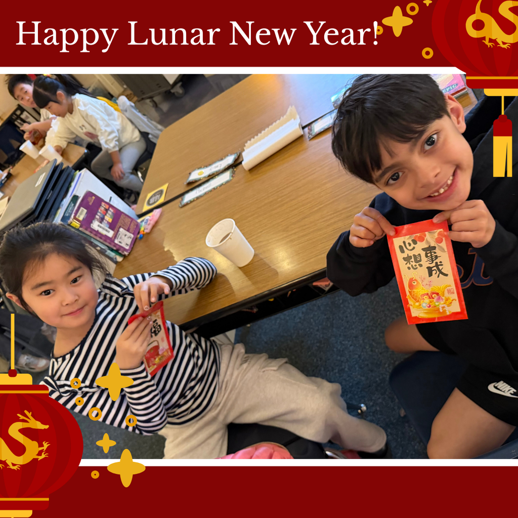 Text: Happy Lunar New Year Image: Two smiling students holding envelopes.