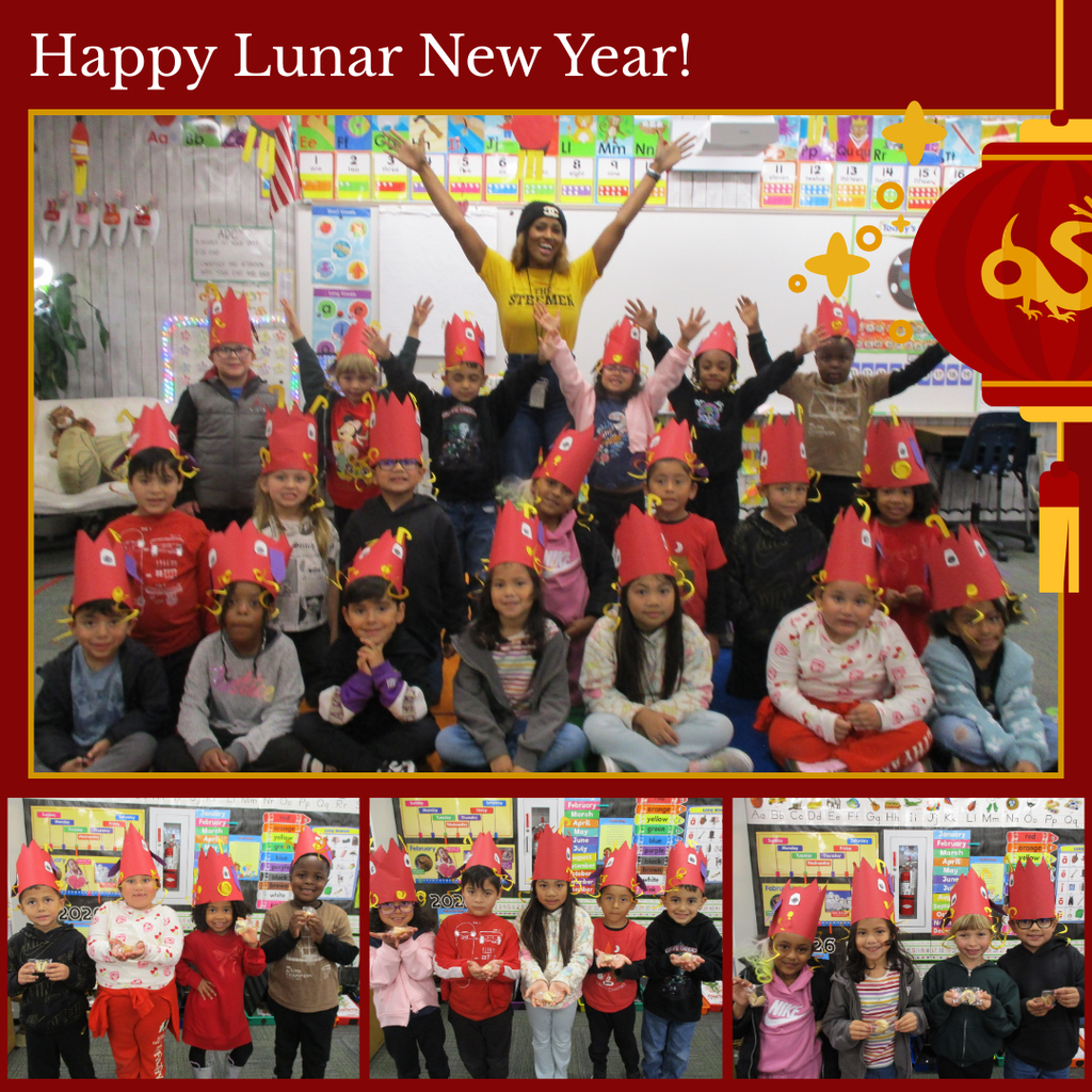 Text: Happy New Year! Image: smiling teachers with students wearing red hats