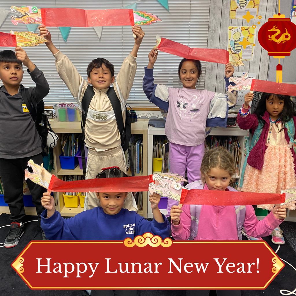 Text: Happy Lunar New Year Image: smiling students