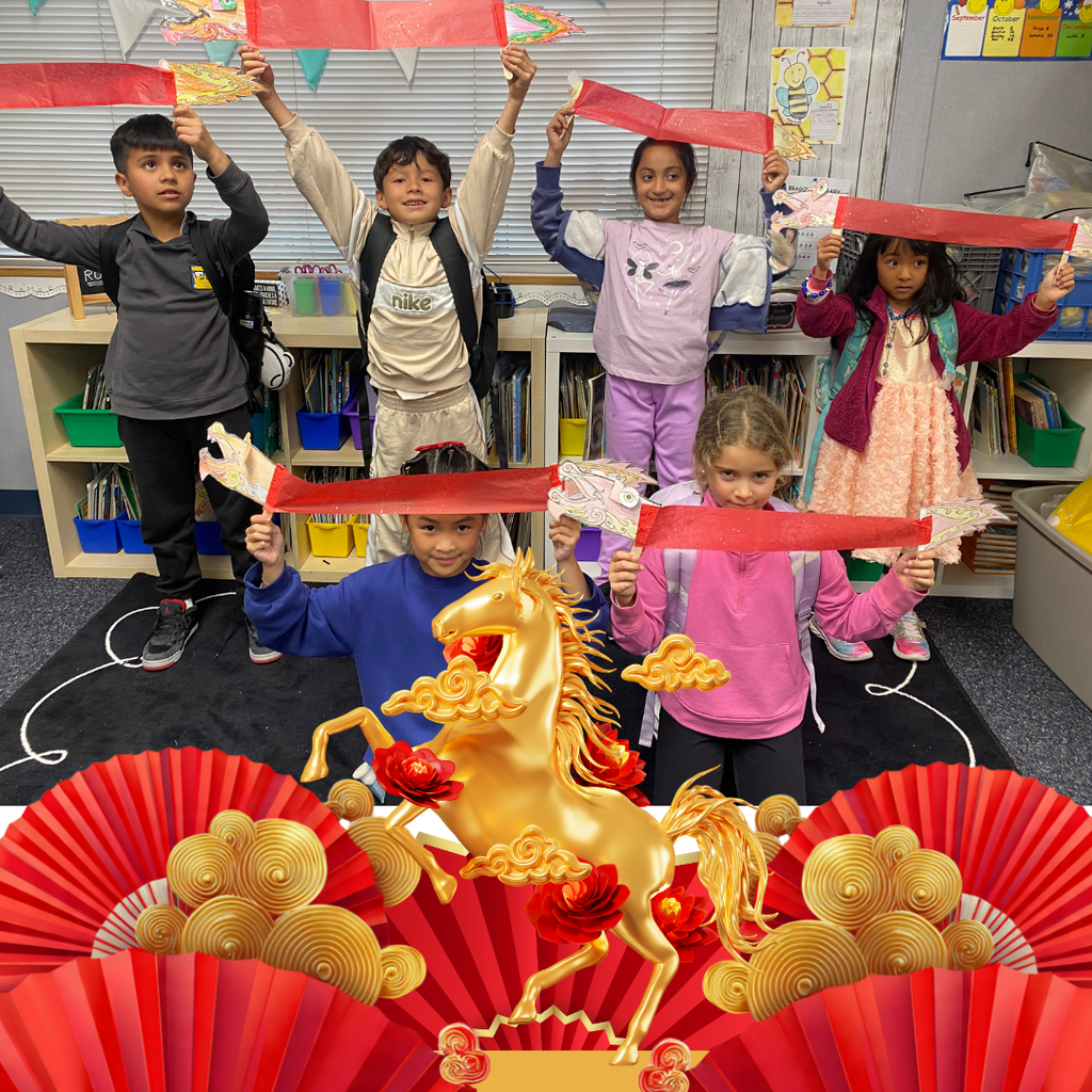 No text Image: students holding flags and a horse