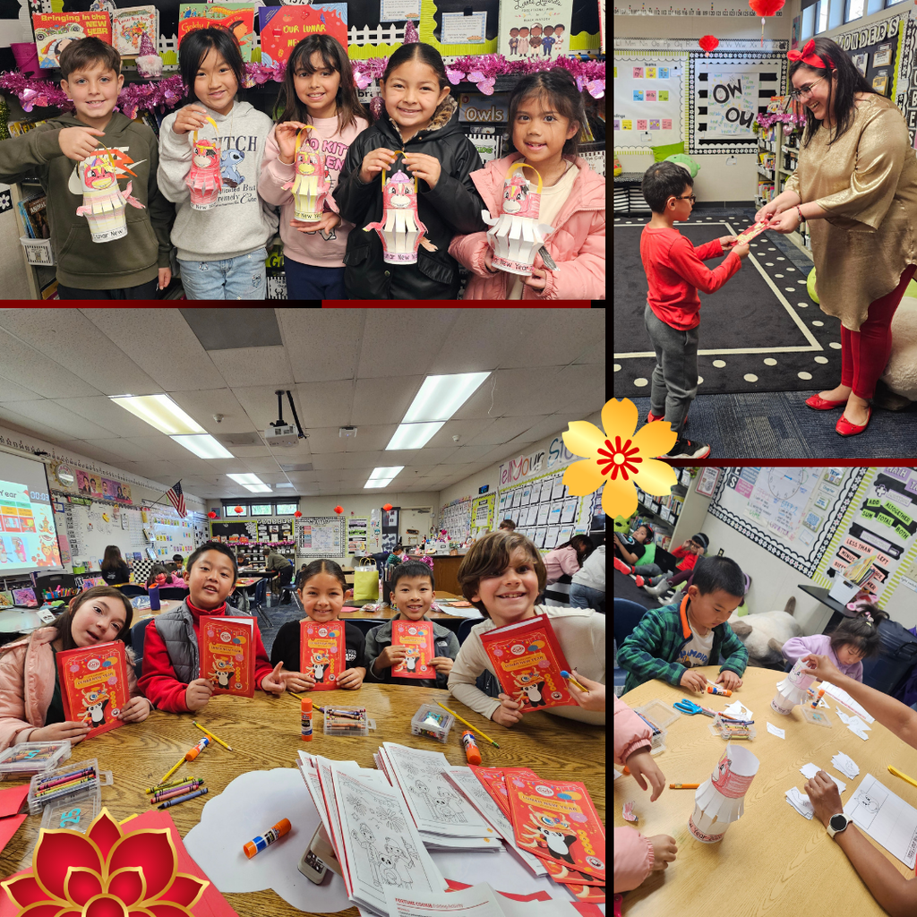 No text Images: smiling students and a teacher with Lunar New Year crafts.