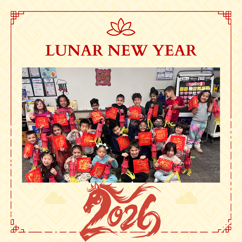 Text: Lunar New Year 2026 Image: smiling students holding red papers