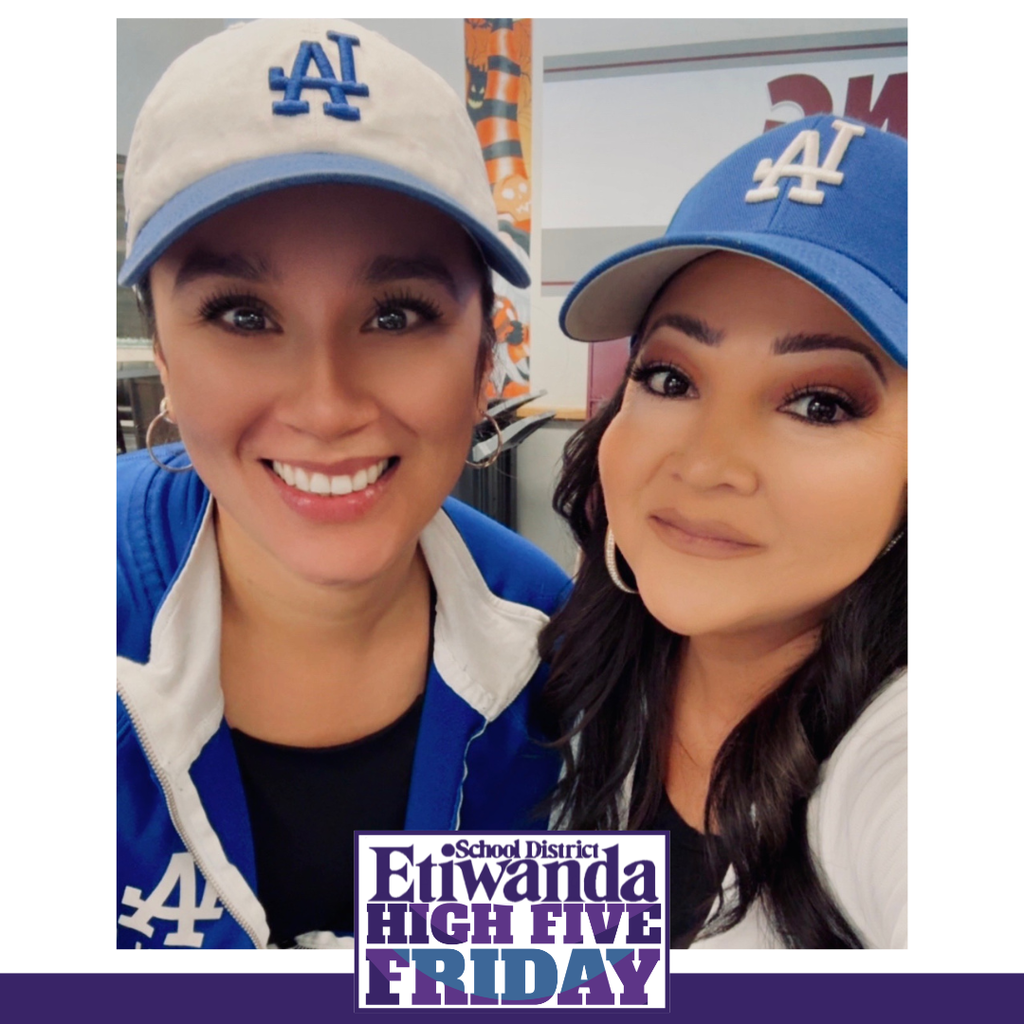 Text: High Five Friday Image: two women wearing dodger blue