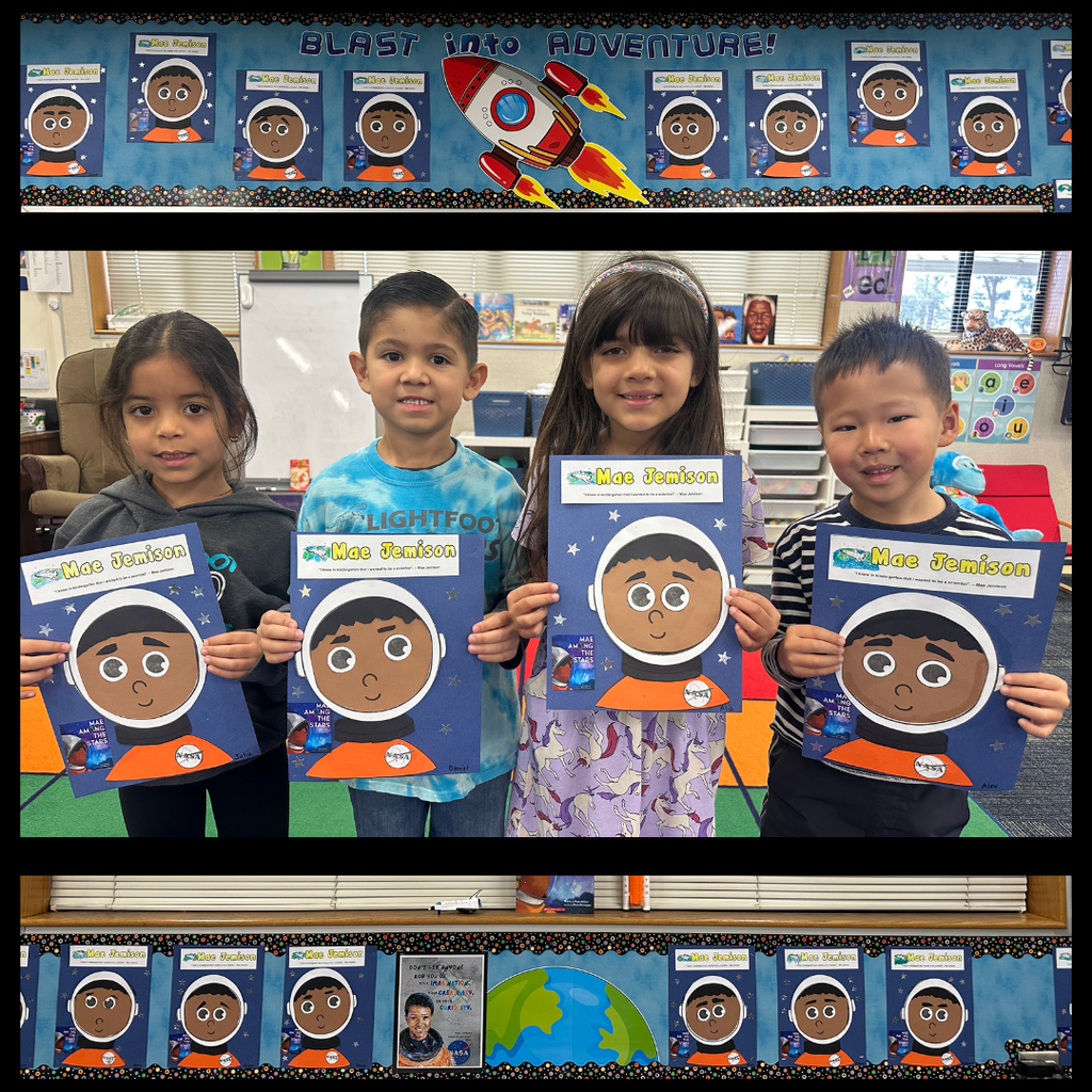 Text: Blast off to Adventure. Images: 4 students holding Mae Jemison creations.