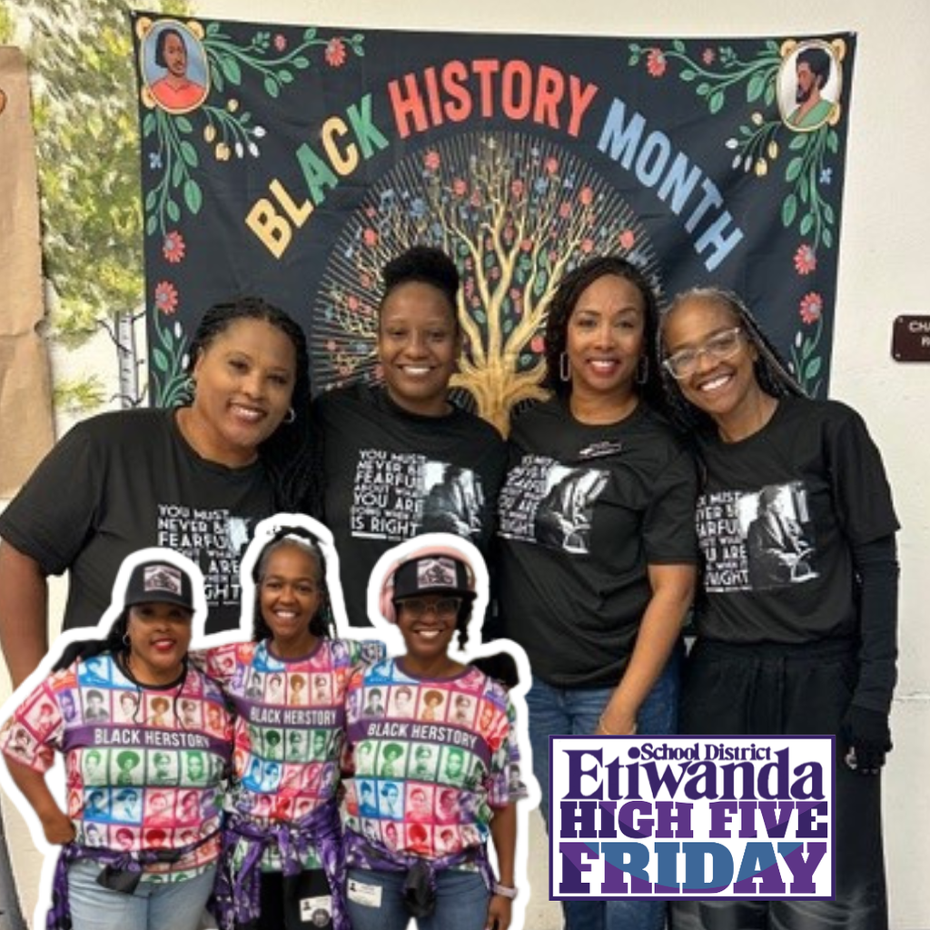 Text: Black History Month, High Five Friday Image: 2 photos with with woman wearing black shirts and colorful shirts