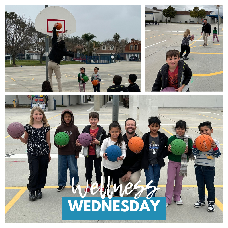 Text: Wellness Wednesday students and adults playing basketball