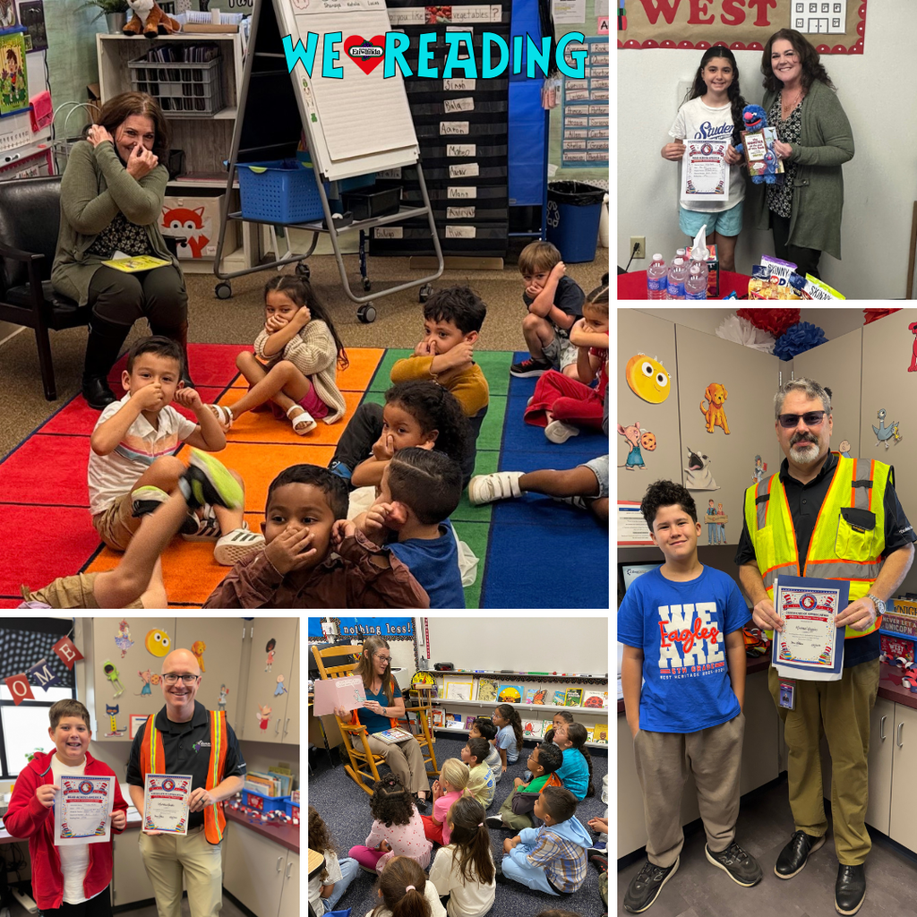 Text: we love reading Images: students and adults reading and holding certificates