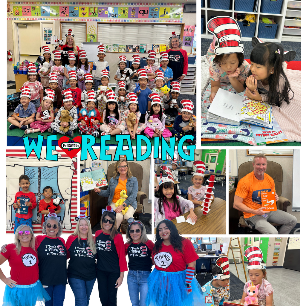 Text: We love Reading Images: students dressed as Dr. Seues 