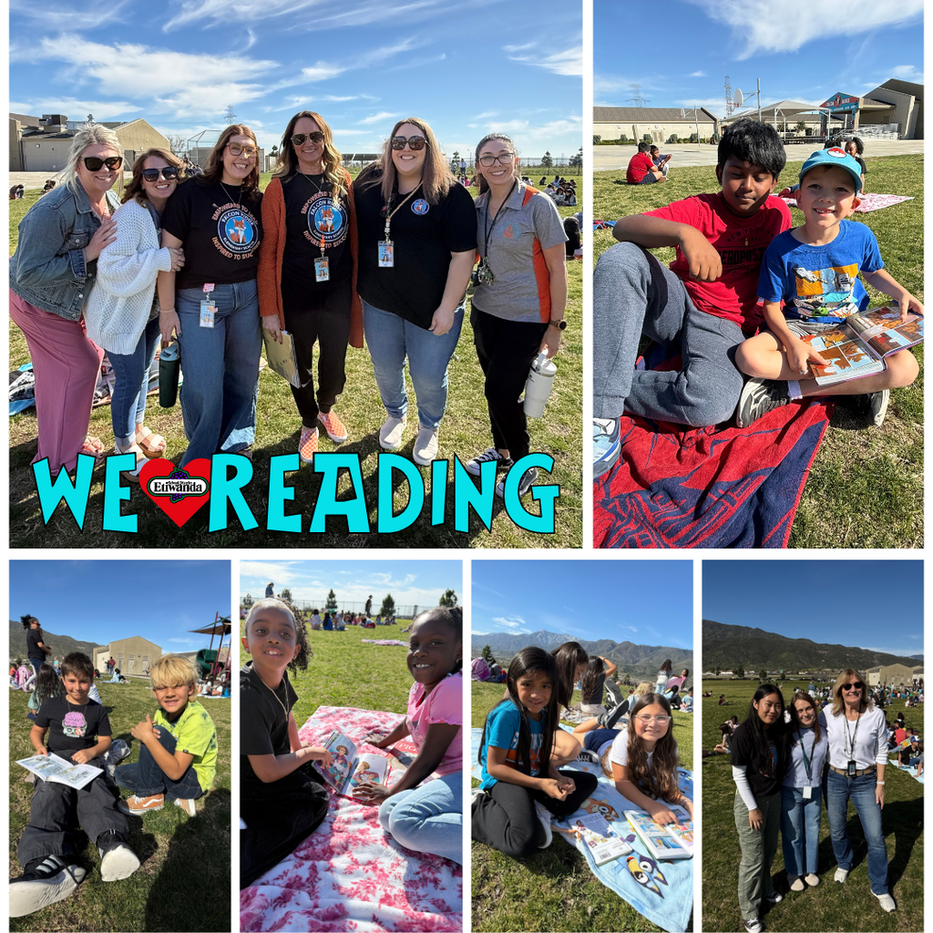 Text: We love reading Images: students reading together outside