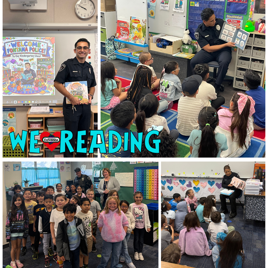 Text: we love reading Images: students and adults reading and holding certificates