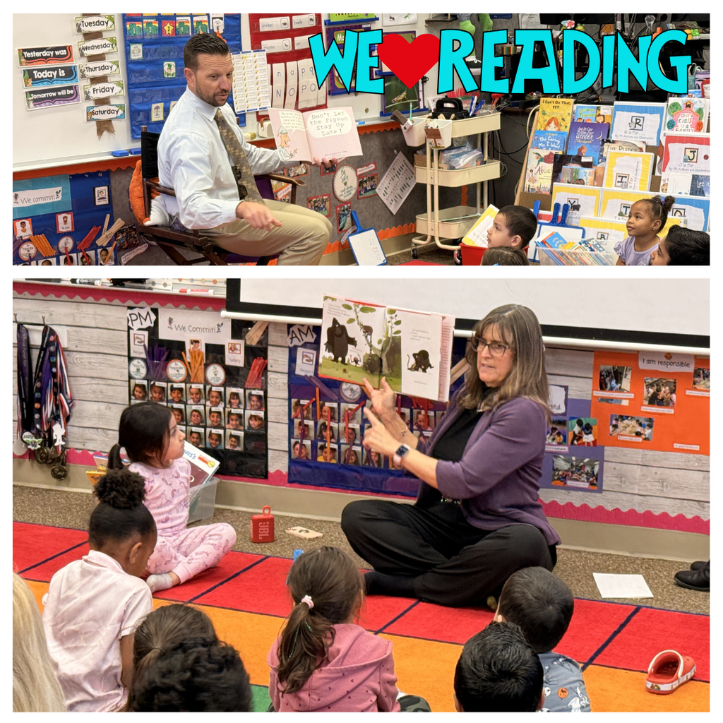 Text: We love reading Images: two adults sitting on the floor reading to students.