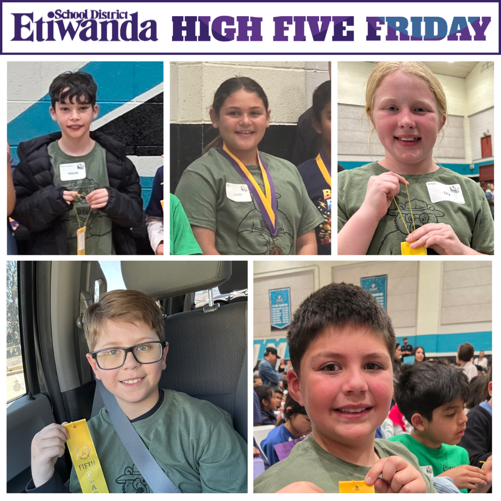 Text: Etiwanda High Five Friday, Image: 5 students smiling