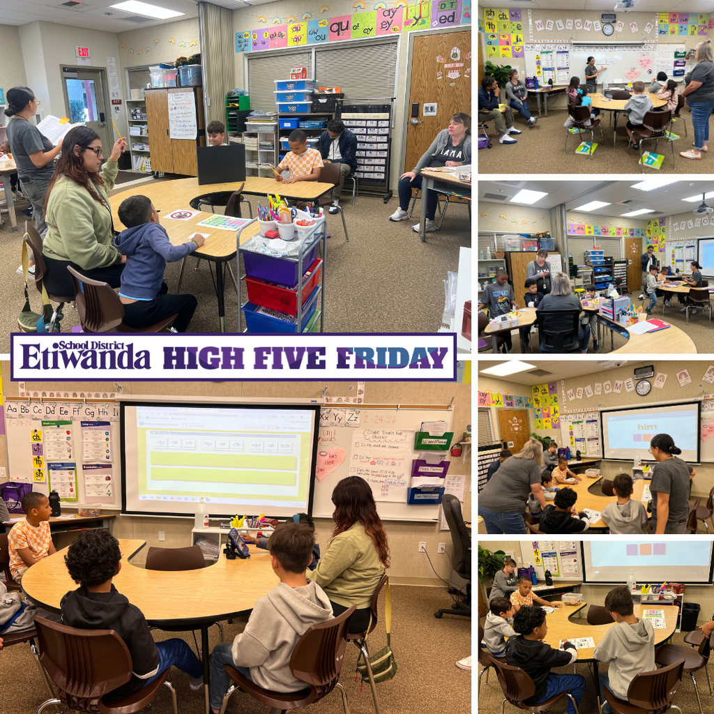 Text: Etiwanda High Five Friday Images: teachers and students working together