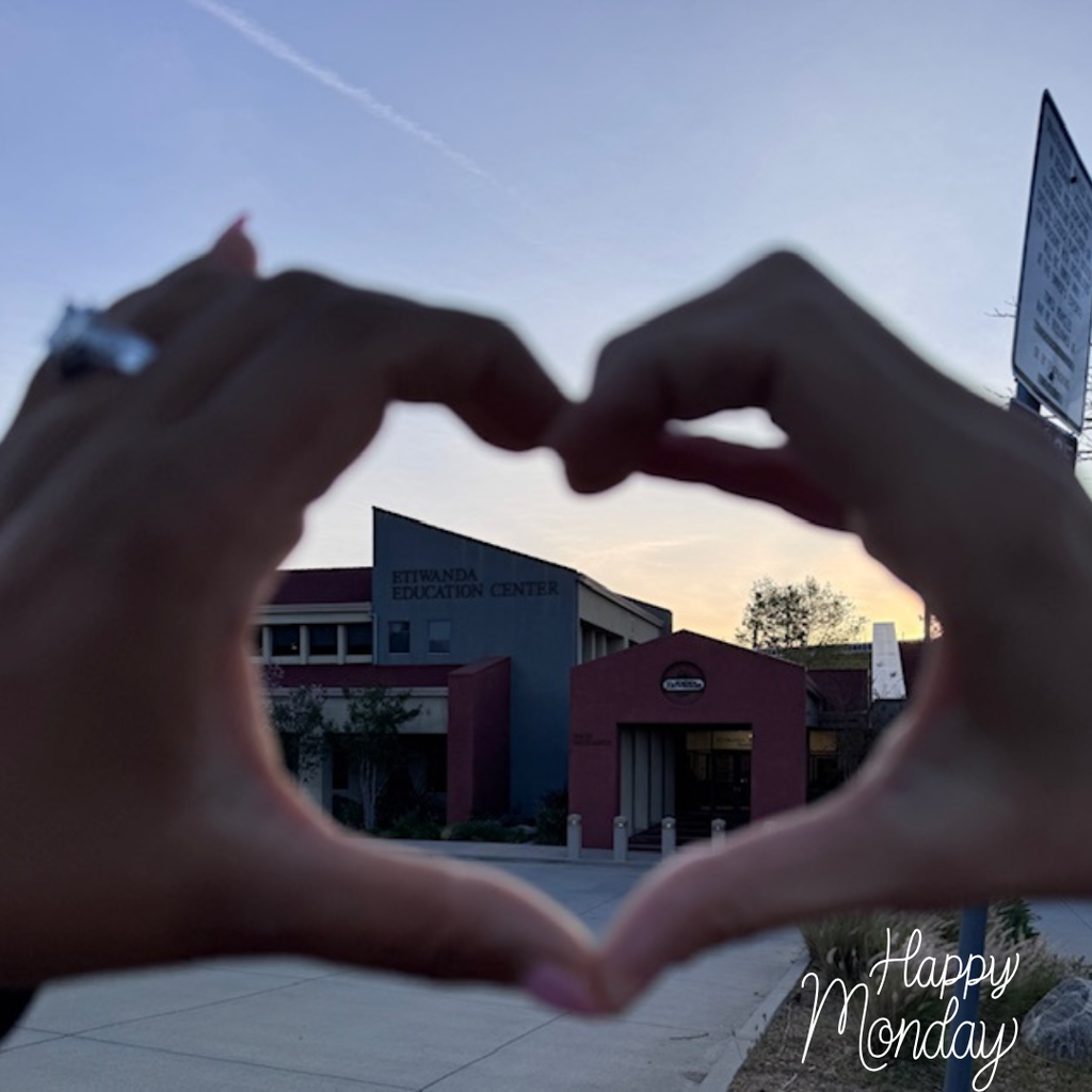 Text: Happy Monday Image: two hands making a heart