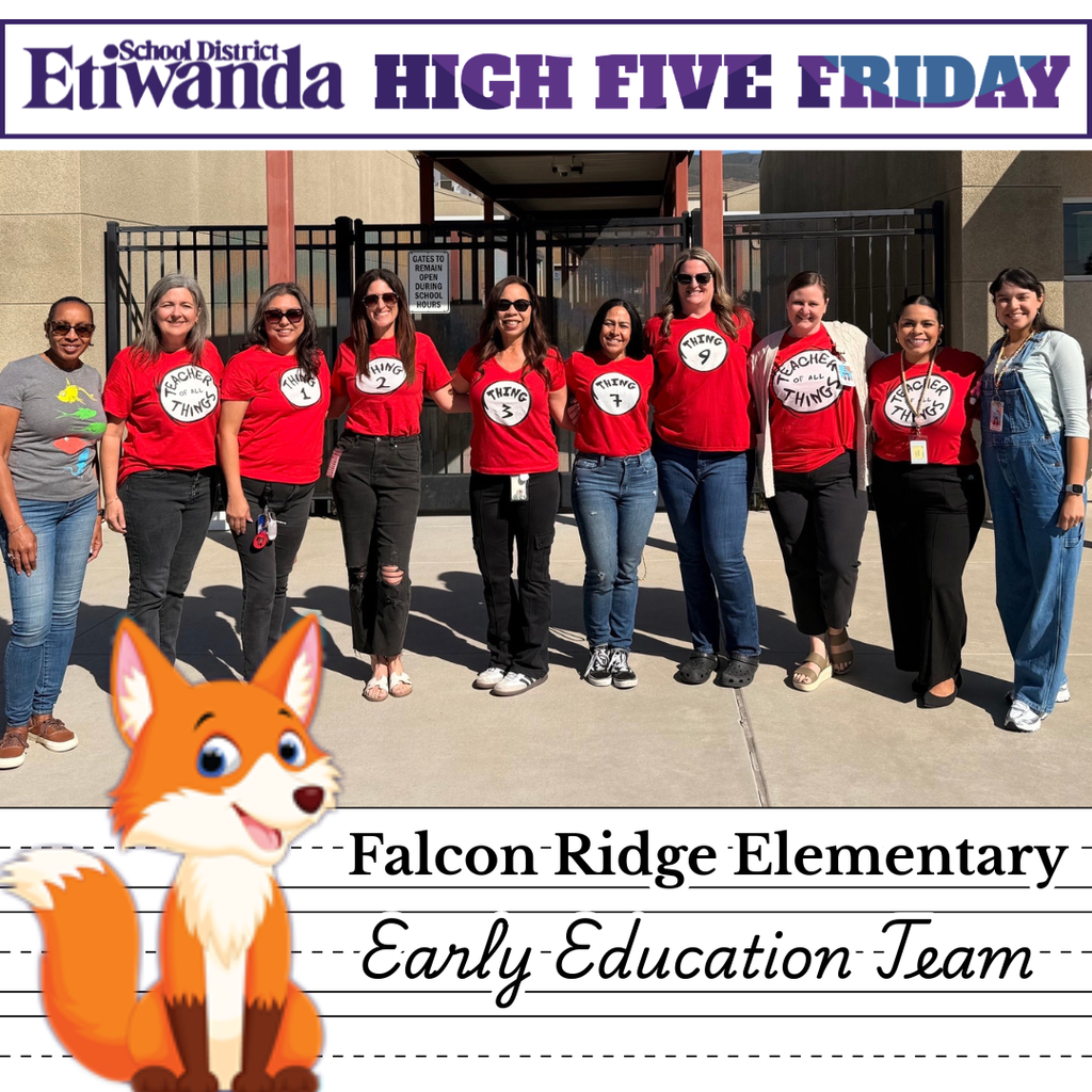Text: Falcon Ridge Elementary, Early Education Team Image: Fox and 10 teachers smiling