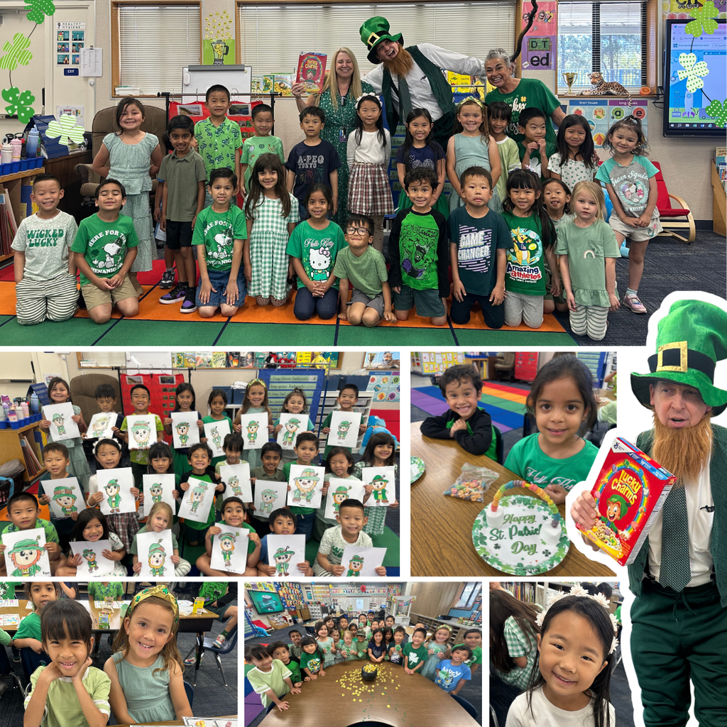 No text Images: students wearing green smiling, holding photos of leprechauns, a large leprechaun, and a pot of gold, 