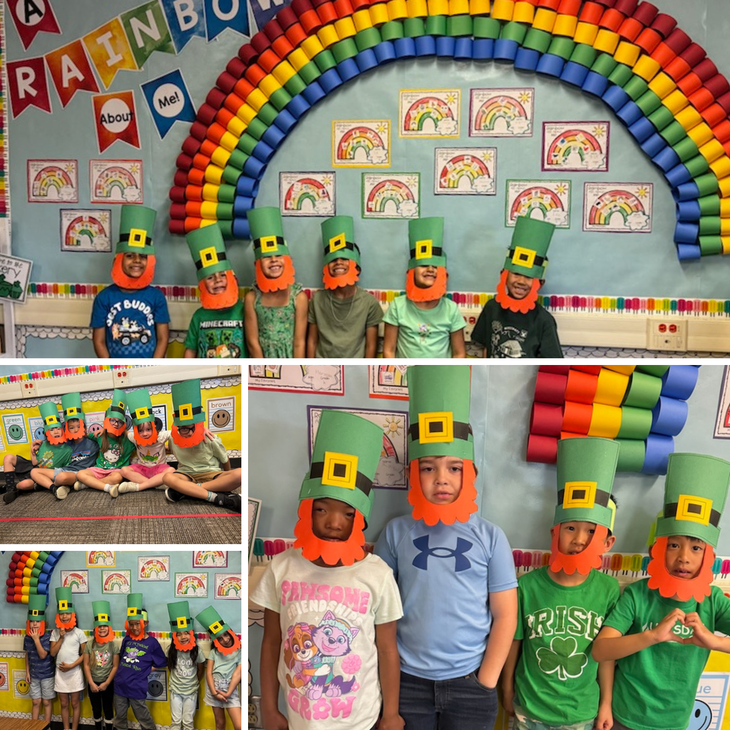 No text Images: students smiling wearing leprechaun hats and beards - standing in front of a rainbow. 
