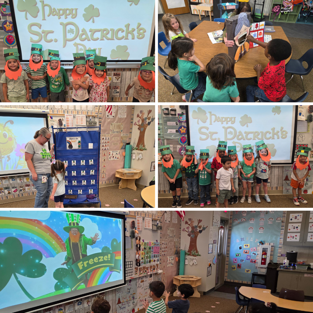 Text; Happy St. Patrick's Day Image: students playing freeze games, smiling wearing leperchaun hats and beaerds