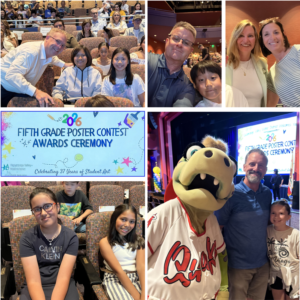 Text: 5th grade poster awards Images students and adults smiling inside of an auditorium.