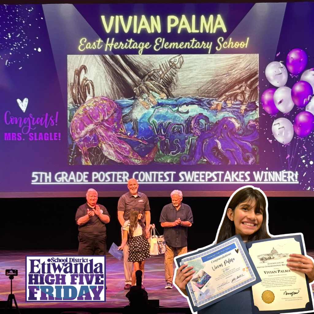 Text: Vivian Palma, East Heritage 5th Grade Sweepstakes winner Image: smiling student holding awards