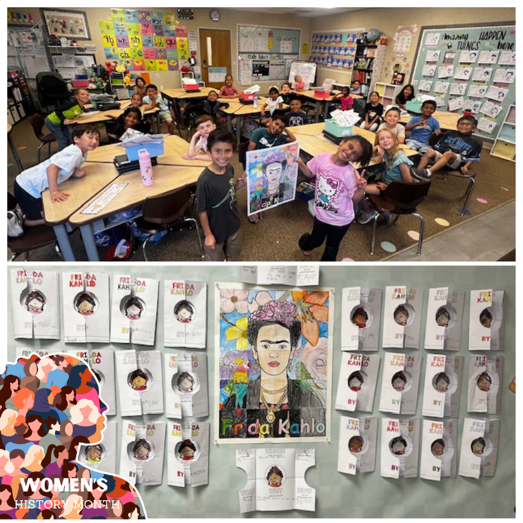Text: wemen's history month image: students in a classroom holding a poster of Frida Kahlo. also a wall filled with art from Frida Kahol that the students created.