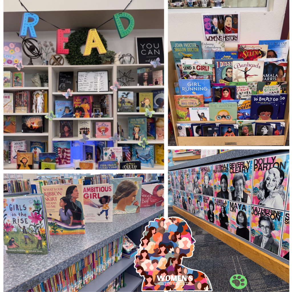 Text: Women's History Month Images: displays of books in school libraries. The majority of the books are women centered.