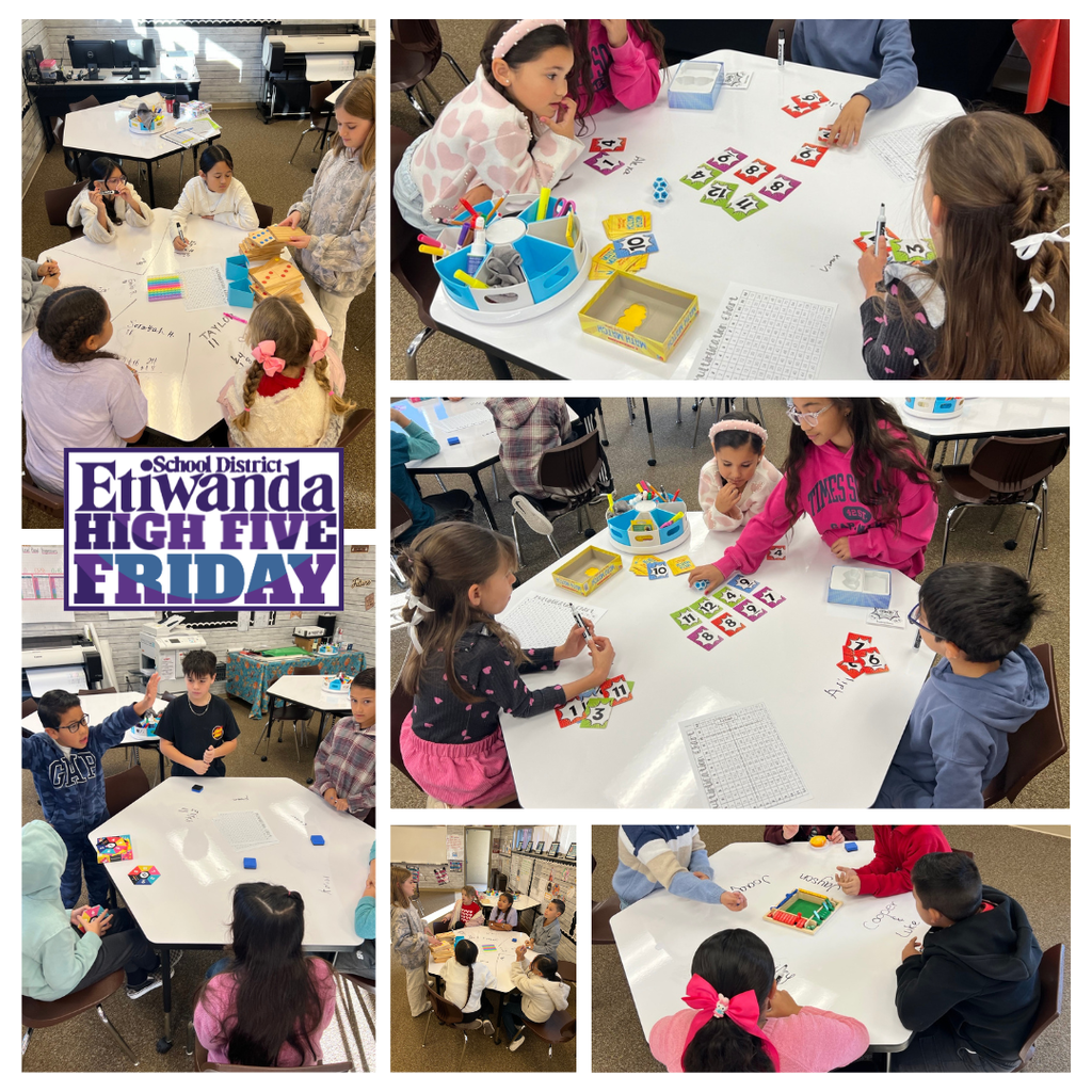 Text: High Five Friday, Etiwanda School District Images: students sitting around tables working on math