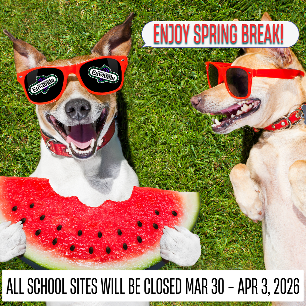 Text: Enjoy spring break! All school sites will be closed March 30 - April 3, 2026. Image of two white dogs smiling and wearing red sunglases.