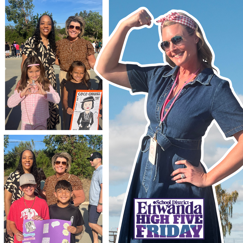 Text: Etiwanda High Five Friday Images: smiling adults with students on a playground.