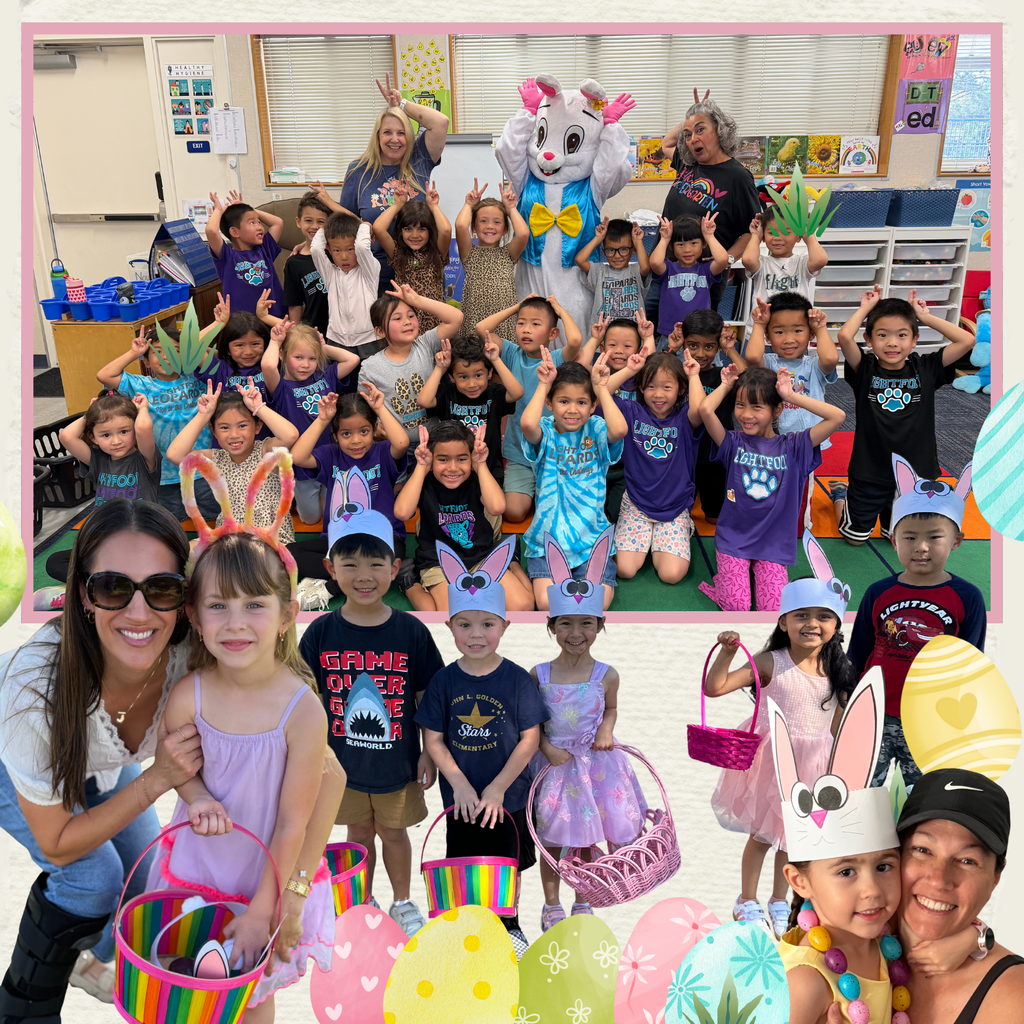 No text: Images of students smiling, holding baskets and even a bunny