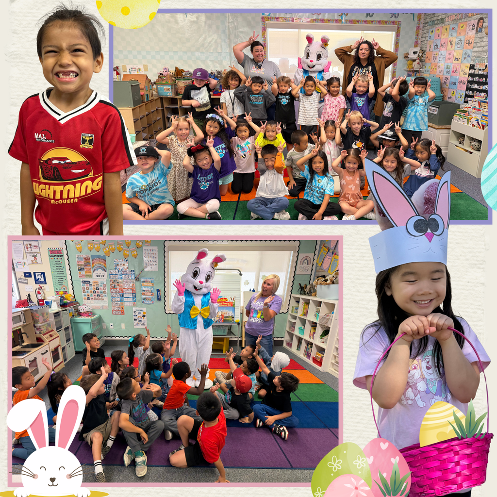 No text: Images of students smiling, holding baskets and even a bunny